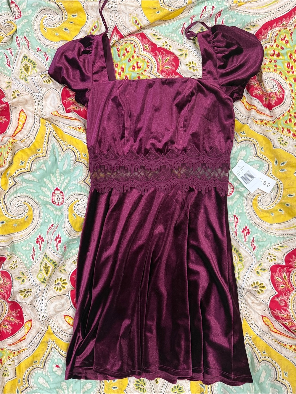 Women's Burgundy Velvet Prom Dress with Lace Waist